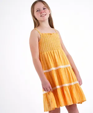 Pine Kids Singlet Sleeves Smocked Premium Cotton Frock with Lace - Yellow