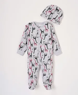 Minoti Giraffe All Over Printed Sleepsuit with Hat Set - Multicolor