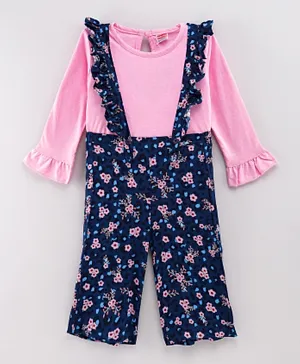 Babyhug Full Sleeves Top and Leggings Set Floral Print - Pink Blue