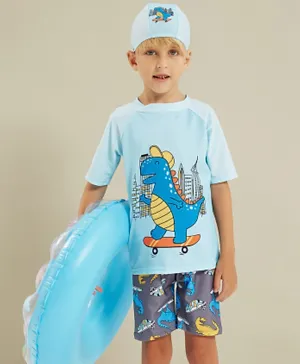 Kookie Kids Dino Two Piece Swimsuit With A Cap - Blue