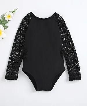 Kookie Kids Full Sleeves V Cut Swimsuit - Black
