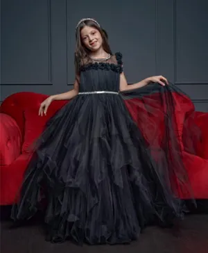 Liba Fashion Embellished Bloom  Rose Applique Gown - Black