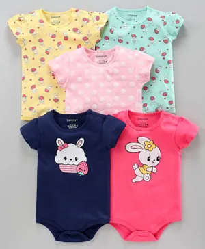 Babyoye Supima Cotton Short Sleeves Onesies Bunny Print Pack of 5 - Multicolour
