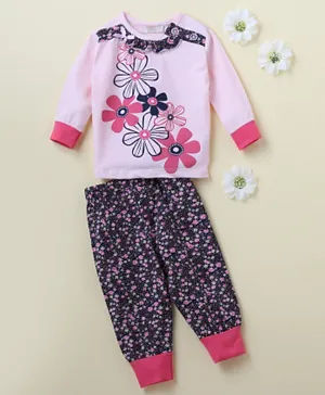 Londony Flower Printed Top with Printed Full Length Bottom set for Girls - Pink