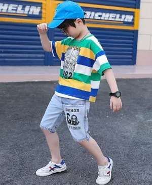 Babyqlo Striped T-Shirt With Denim Shorts Set - Multicolor