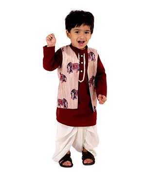 Little Bansi Full Sleeves Kurta With Royal Jaipuri Elephant Print Jacket & Dhoti - Maroon