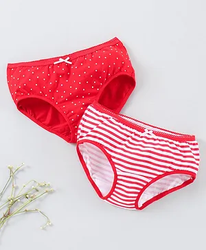 Honeyhap Cotton Elastane Anti Microbial Finish Hipster Panties Polka Dot & Striped Pack of 2 - Red White