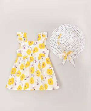 Kookie Kids Floral Dress With Hat - Yellow