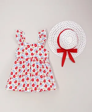 Kookie Kids Floral Dress With Hat - Red