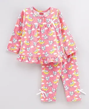 Babyhug Full Sleeves Night Suit Cat Print - Peach