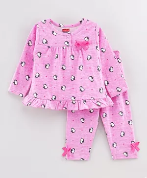 Babyhug Full Sleeves Top & Pajama Set Penguin Print - Pink