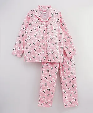 Babyhug Full Sleeves Woven Night Suit Panda Print - Pink