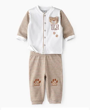 Tiny Hug Tiger Patch & Embroidery T-Shirt With Striped Pyjama Set - Multi Color