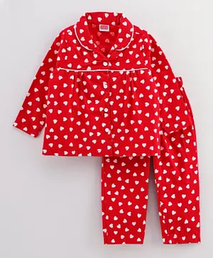 Babyhug Full Sleeves Woven Night Suit Heart Print - Red