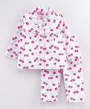 Babyhug Full Sleeves Woven Night Suit Apple Print - Pink