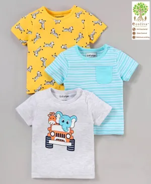 Babyoye Cotton Half Sleeves Tees Animal Print Pack of 3 - Blue Yellow Grey