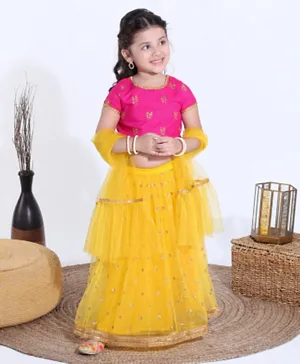 Babyhug Half Sleeves Embroidered Choli and Lace Border Sequined Ghagra with Net Dupatta - Yellow Pink