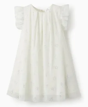 Zippy Embellished Star Short Sleeves Tulle and Cotton Dress - White