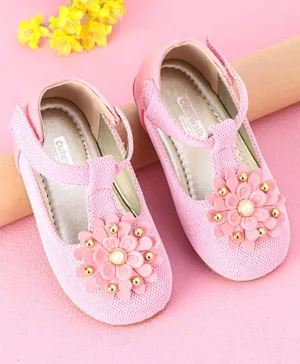 Cute Walk by Babyhug Party Wear Belly Shoes Floral Appliques - Pink