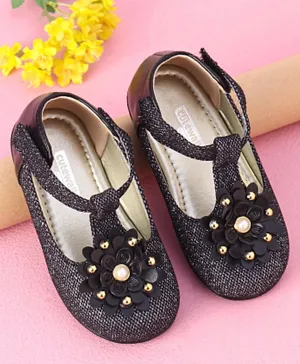 Cute Walk by Babyhug Party Wear Belly Shoes Floral Appliques - Black