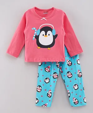 Babyhug Full Sleeves Night Suit Penguin Print - Pink Sea Green