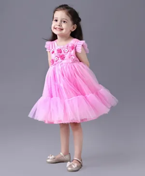 Babyhug Short Sleeves Party Frock Floral Applique - Pink