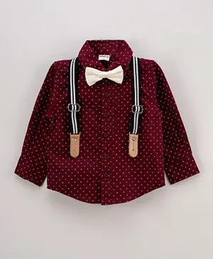 Babyhug Full Sleeves Printed Party Shirt With Bow And Suspender  - Maroon
