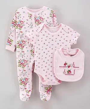 Rock a Bye Baby Floral Base Sleepsuit with Bodysuit and Bib Set - Pink