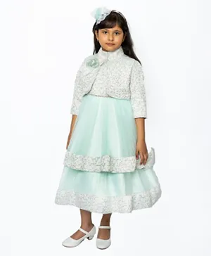 DDANIELA Embroidered Two Toned Back Bow Detailing Party Dress - Green & Silver