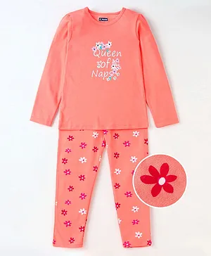 Pine Kids Biowashed Full Sleeves Top and Pyjama Pants Set Queen Print - Peach