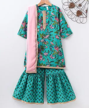 Babyhug Three Fourth Sleeves Top and Sharara Set with Lace Border Dupatta Floral Print - Green