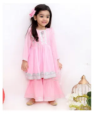 Little Bansi Full Sleeves Zardosi Work Kurti With Sharara & Dupatta - Pink