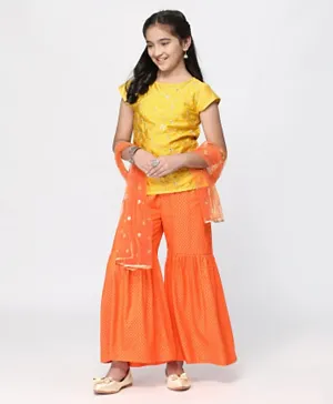 Pine Kids Half Sleeves Embroidered Top with Sharara and Dupatta - Orange Yellow