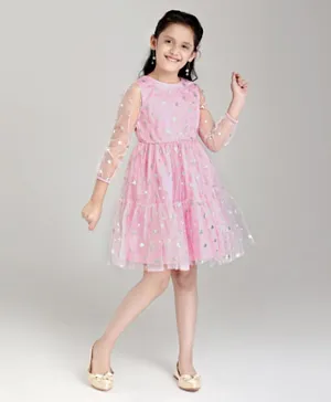 Pine Kids Full Sleeves Party Frock Star Foil Print - Pink