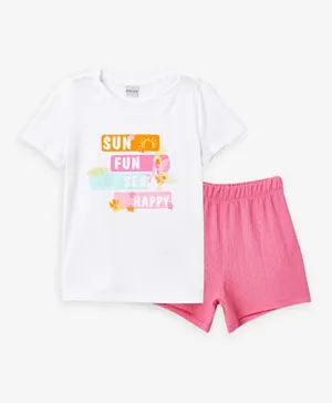 LC Waikiki Text Graphic Crew Neck T-shirt & Shorts Set - White & Pink