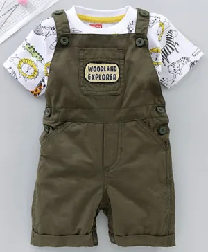 Babyhug Dungaree with Half Sleeves T-Shirt Animal Print & Patch Applique - Olive Green White