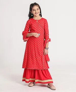 Pine Kids Three Fourth Sleeves Kurti and Sharara Set with Cotton Crushed Dupatta Glitter Print - Orange