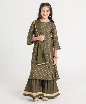 Pine Kids Three Fourth Sleeves Kurti and Sharara Set with Cotton Crushed Dupatta Glitter Print - Green