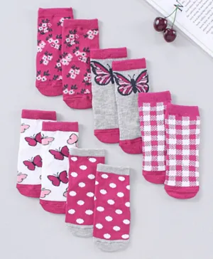 Cute Walk by Babyhug Cotton Blend Ankle Length Anti Bacterial Socks Multi Print Pack of 5 - Pink Grey White