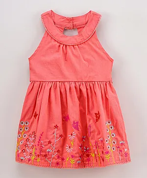 Babyoye Cotton Halter Neck Frock Butterfly Embroidery - Pink