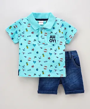 Babyhug Half Sleeves Tee & Denim Shorts Set - Blue