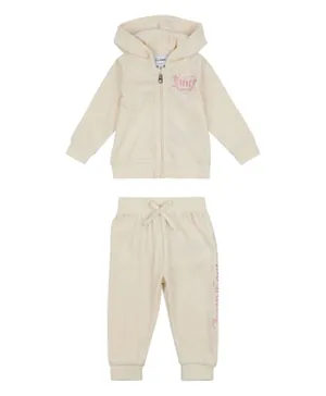 Juicy Couture Graphic Velour Zip Hoodie and Joggers/Co-ord Set - Cream