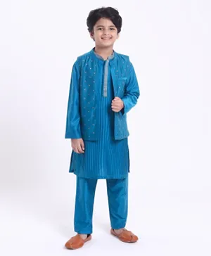 Pine Kids Pintuck Kurta With Printed Bandi & Pyjama Set - Indigo Blue