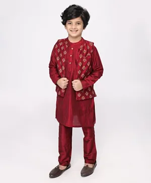 Pine Kids Full Sleeves Pintuck Kurta with Pyjama and Gold Print Bandi - Maroon