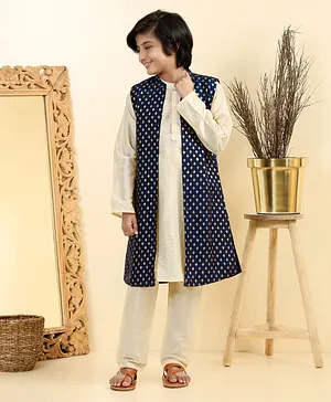 Earthy Touch Full Sleeves Kurta & Pajama with Jacket & Lining - Navy Cream