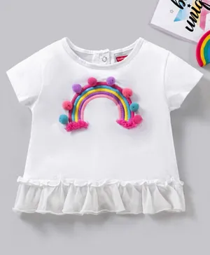 Babyhug Cotton Half Sleeves Tee With Rainbow Embroidery Pom Pom & Mesh Detailing - White