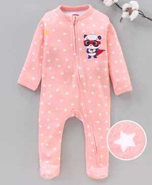 Babyhug Full Sleeves Sleepsuit Star & Panda Print - Coral Pink