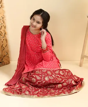 Earthy Touch Half Sleeves Printed & Embroided Kurti With Skirt & Dupatta - Red