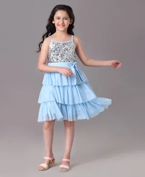 Pine Kids Singlet Tiered Party Dress with Sequin & Foil Print Detailing - Sky Blue
