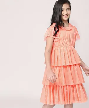 باين كيدز فستان حفلات قصير الأكمام متعدد الطبقات مع طبعة فويل ذهبية - وردي